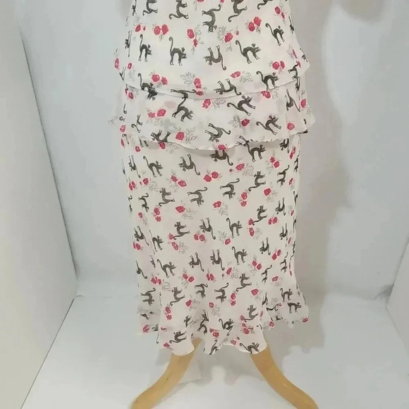 {Chelsea & Violet} 100% Silk Red Roses With Black Cats Print Top and Skirt - Picture 11 of 15